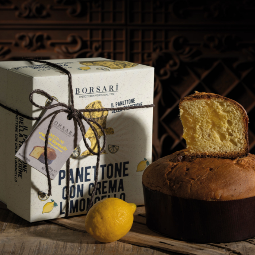 Panettone Limoncello Cream & Lemon Peels Rustico box (1kg). Available End November 2025
