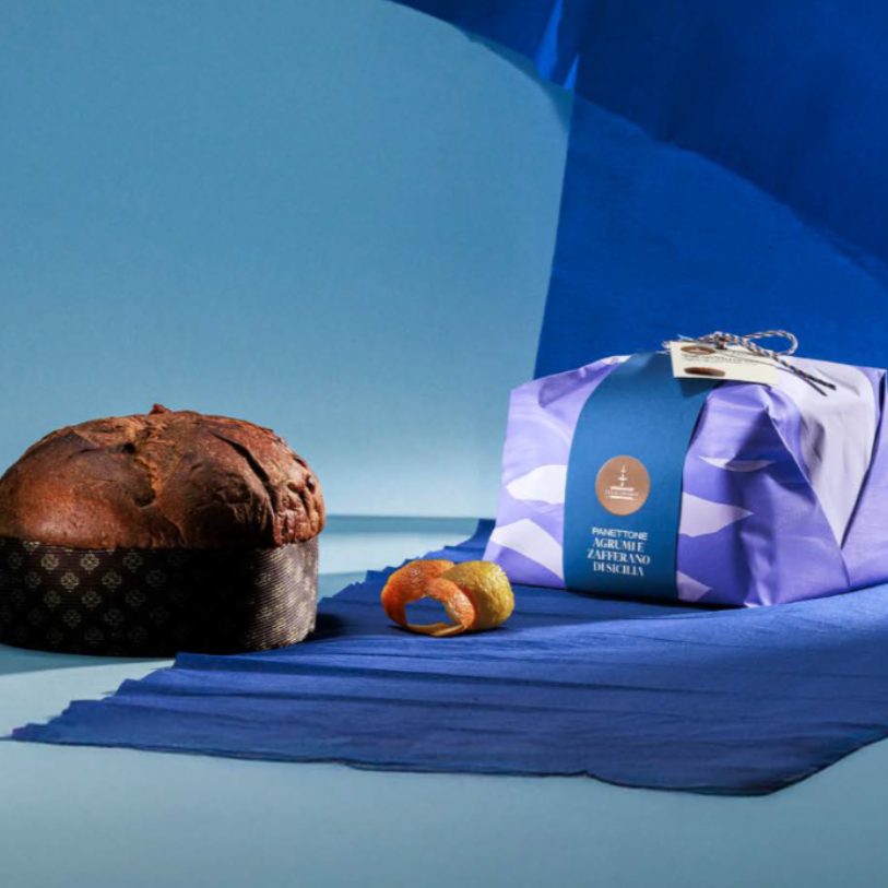Panettone Saffron of Sicily with Candied Lemons & Oranges hand wrap (1kg). Available End November 2025