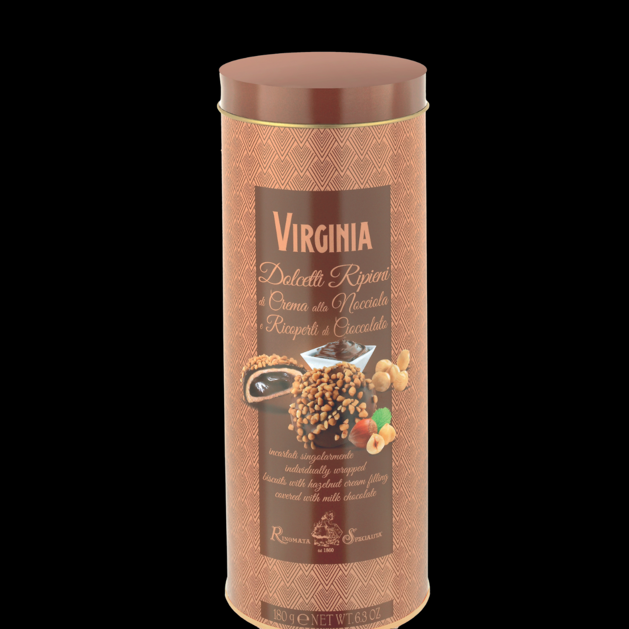 Pastries filled with Hazelnut Cream covered with Milk Chocolate in metal tin