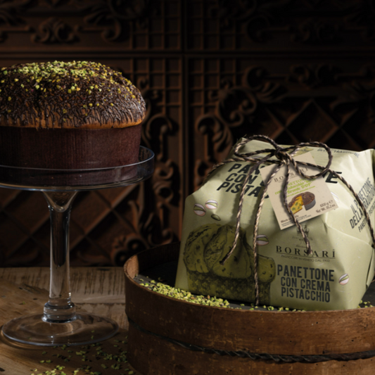 Panettone Pistachio Cream Rustico hand wrapped (1kg). Available End November 2025